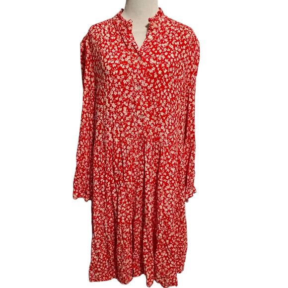 J. Crew Hadid Shirt Dress Womens Large Red Tossed Floral Cottagecore Tiered - Picture 2 of 10